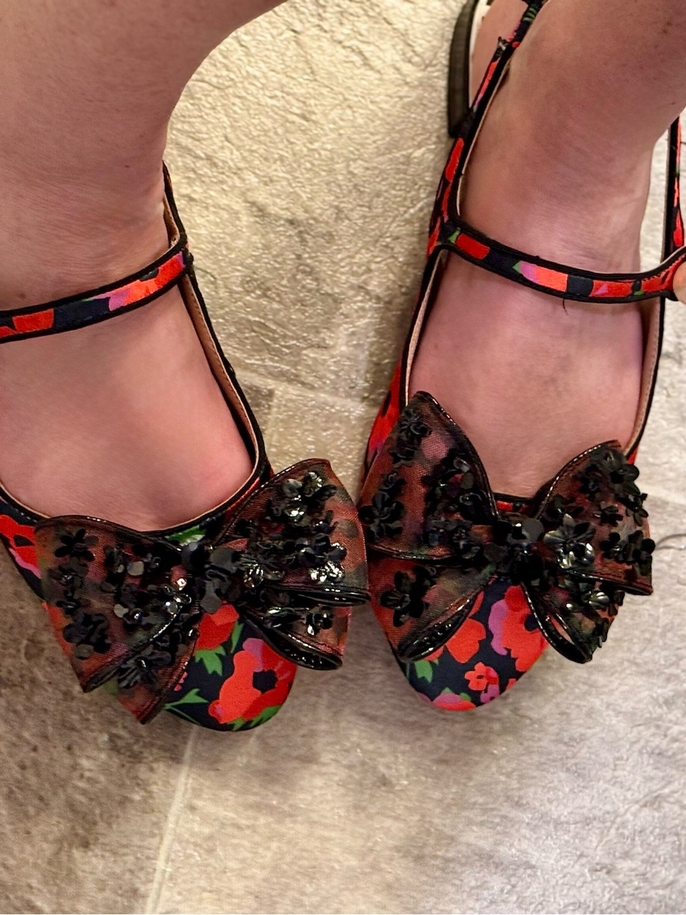 Betsey Johnson Livy Black Poppy - Floral Mary Jane’s with Bow & Pearl - Picture 13 of 13